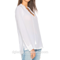 Fashion Lady Casual Button Plain cuffed sleeves Silk Pleated Long Sleeve Blouse back neck design